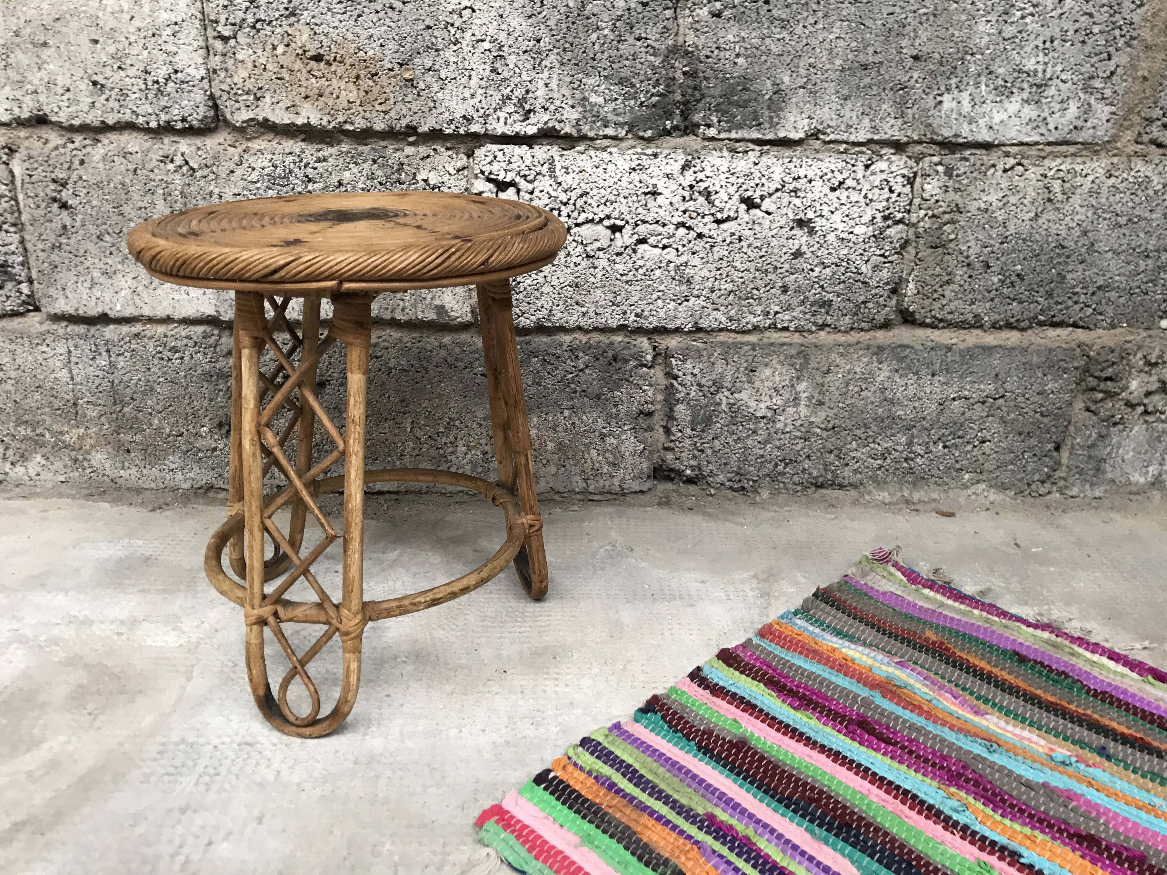 Bamboo stool 50s Decoration natural wood rattan wicker Vintage Plant Door