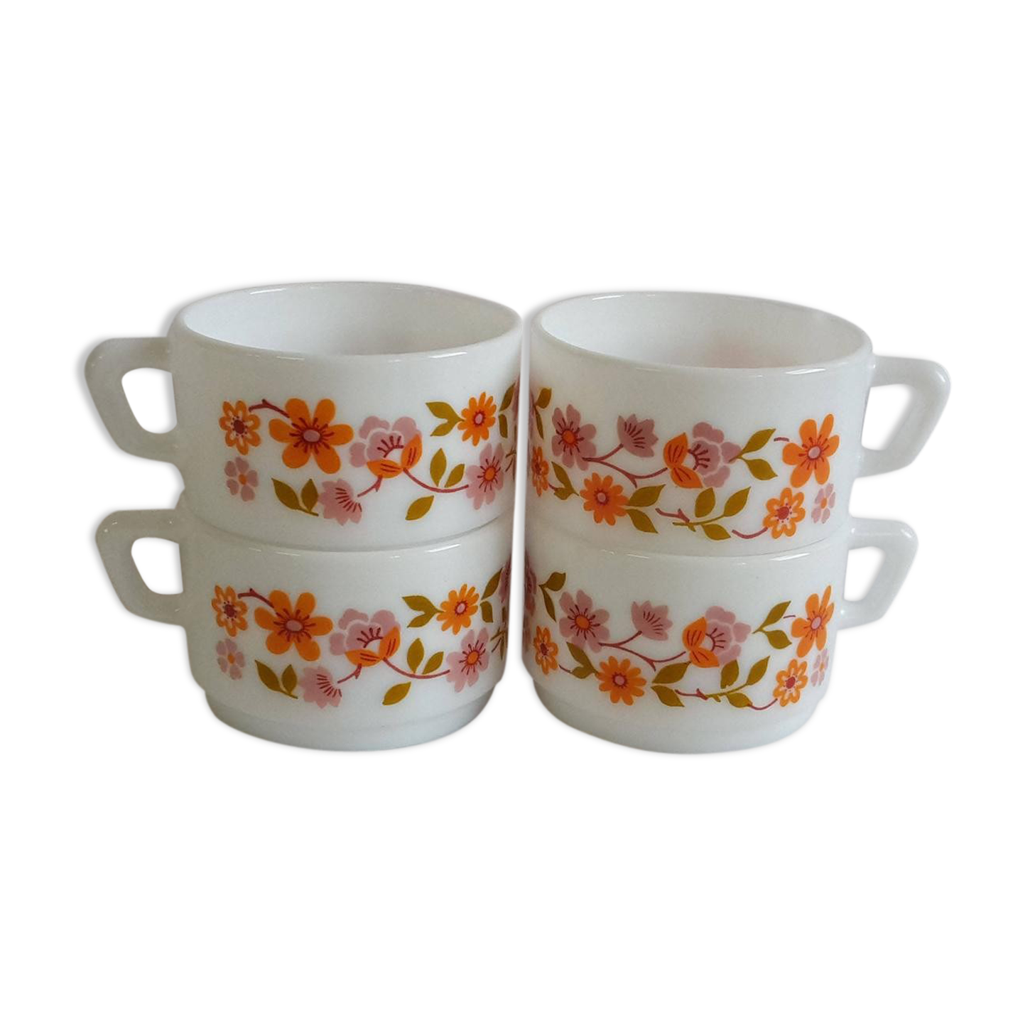 4 cups Arcopal scania orange flowers and mauve vintage 70s coffee espresso