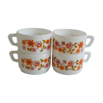 4 tasses Arcopal scania fleurs orange et mauve vintage années 70 café espresso