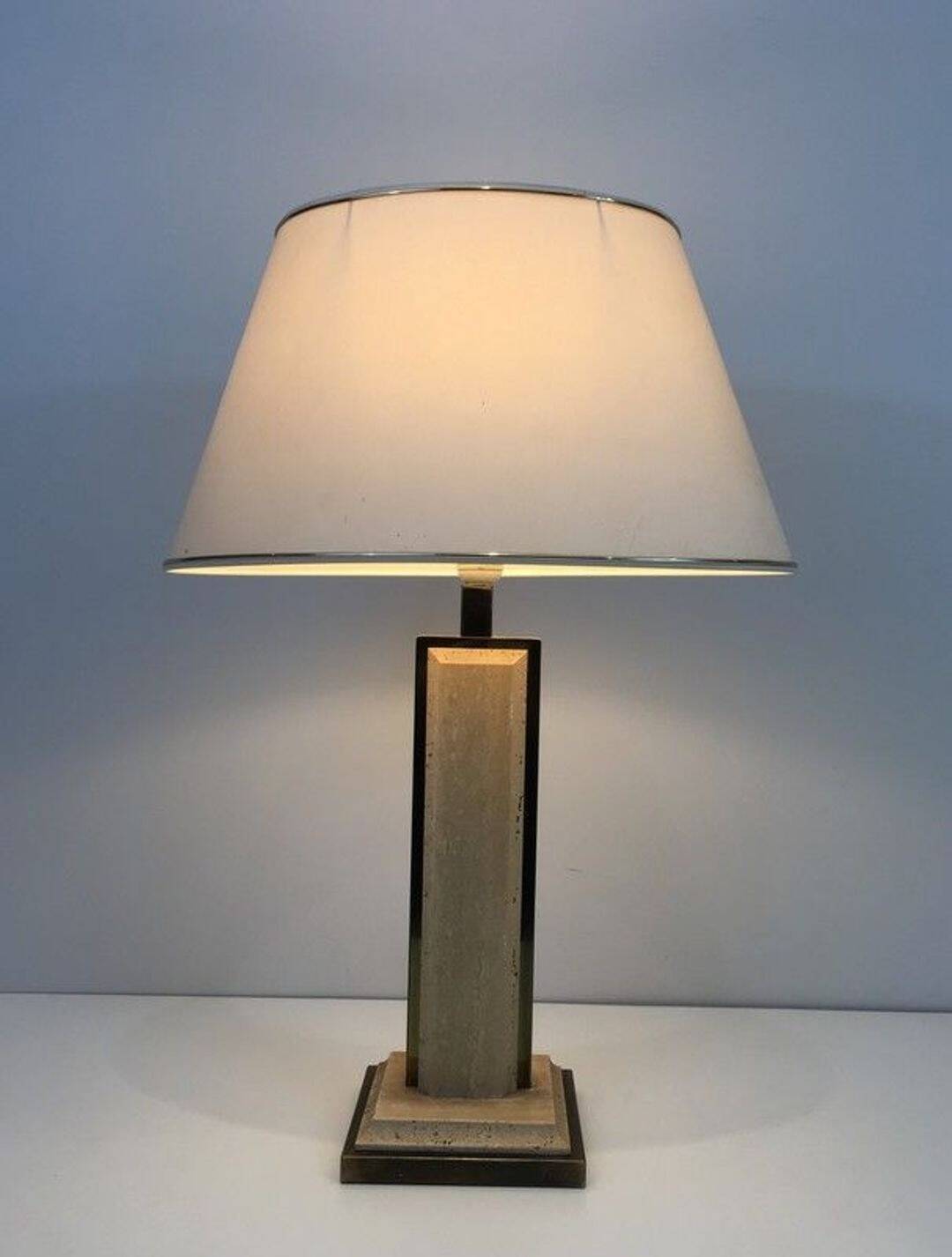 Table Lamp in Travertine and Gold Chrome, French Work, circa 1970