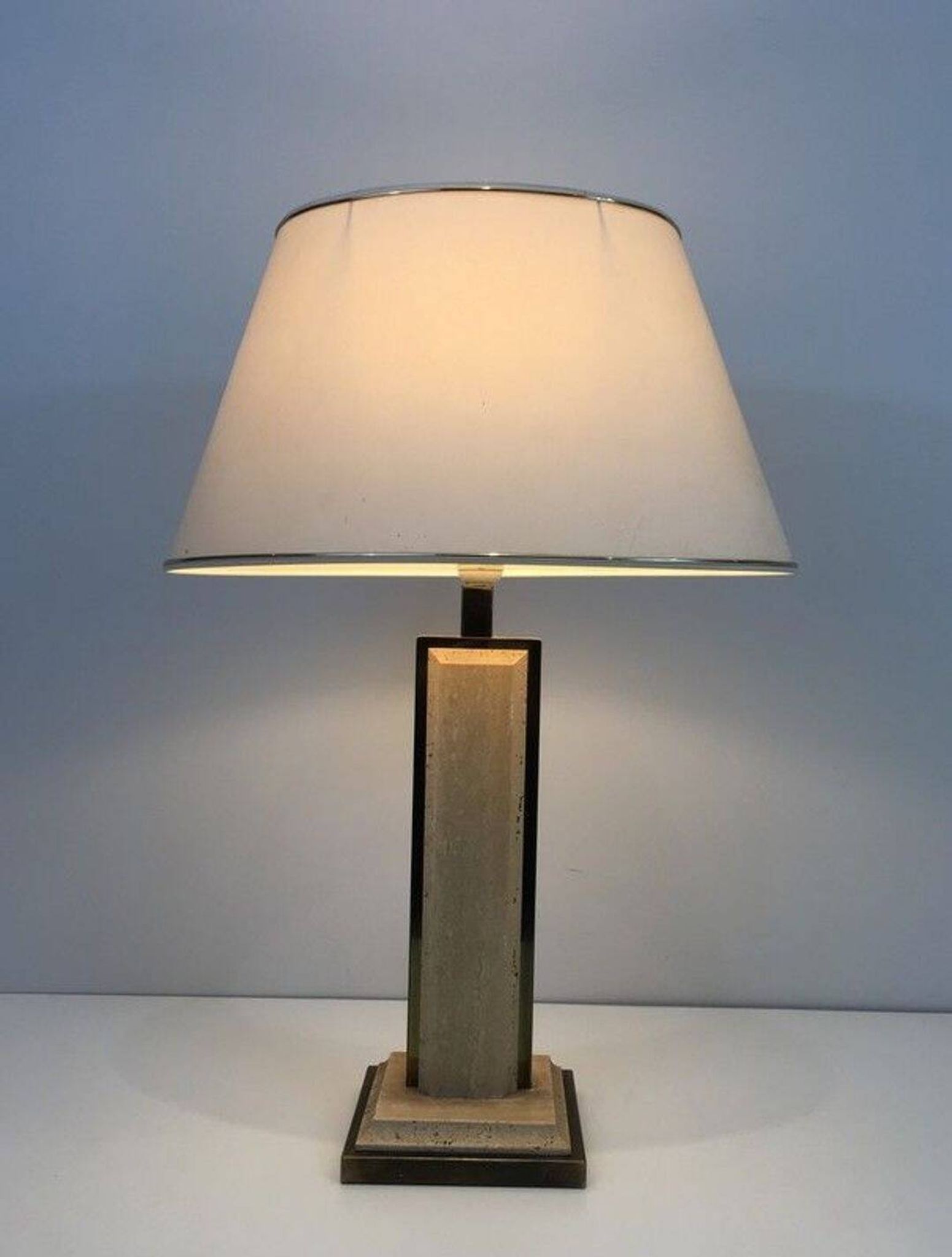 Table Lamp in Travertine and Gold Chrome, French Work, circa 1970