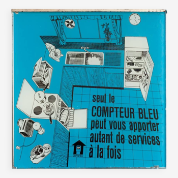 Publicité Compteur Bleu EDF 1970 sur verre