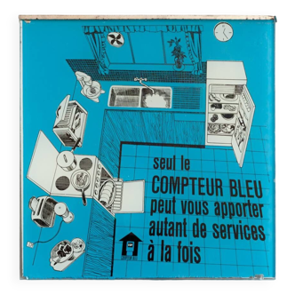 Publicité Compteur Bleu EDF 1970 sur verre