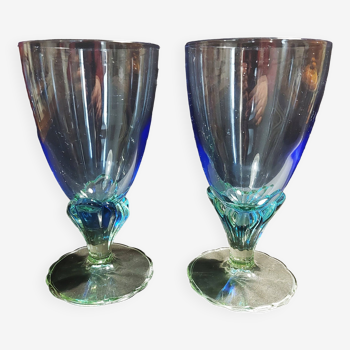 Pair of 20th century blue and green glass wine glasses