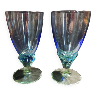 Pair of 20th century blue and green glass wine glasses