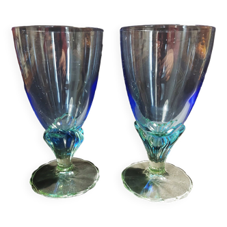 Paire de verres à vin verre bleu et vert XXème