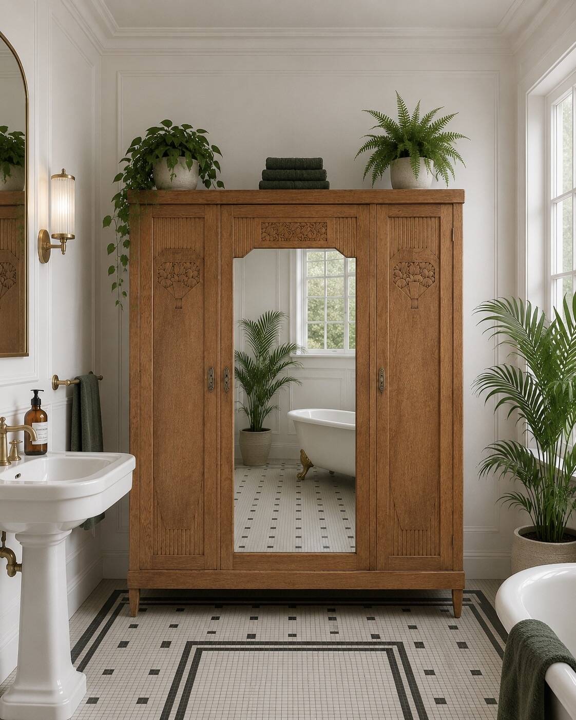Art deco wardrobe in raw oak with bevelled mirror.