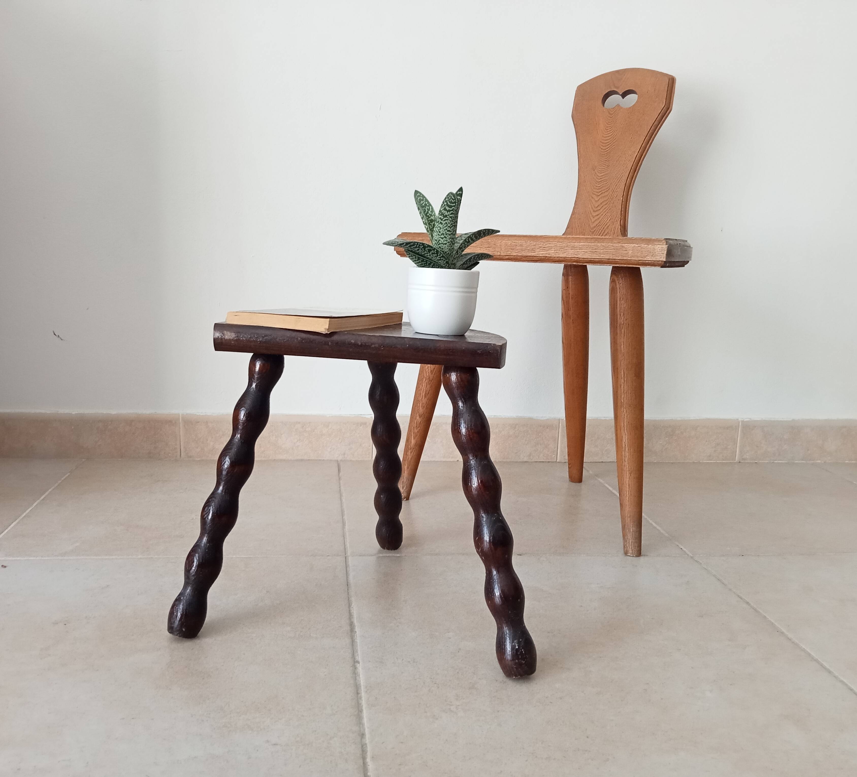 Vintage turned wooden tripod stool
