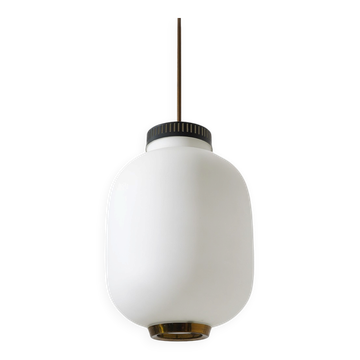 Chandelier in white opaline glass and brass, 1950s