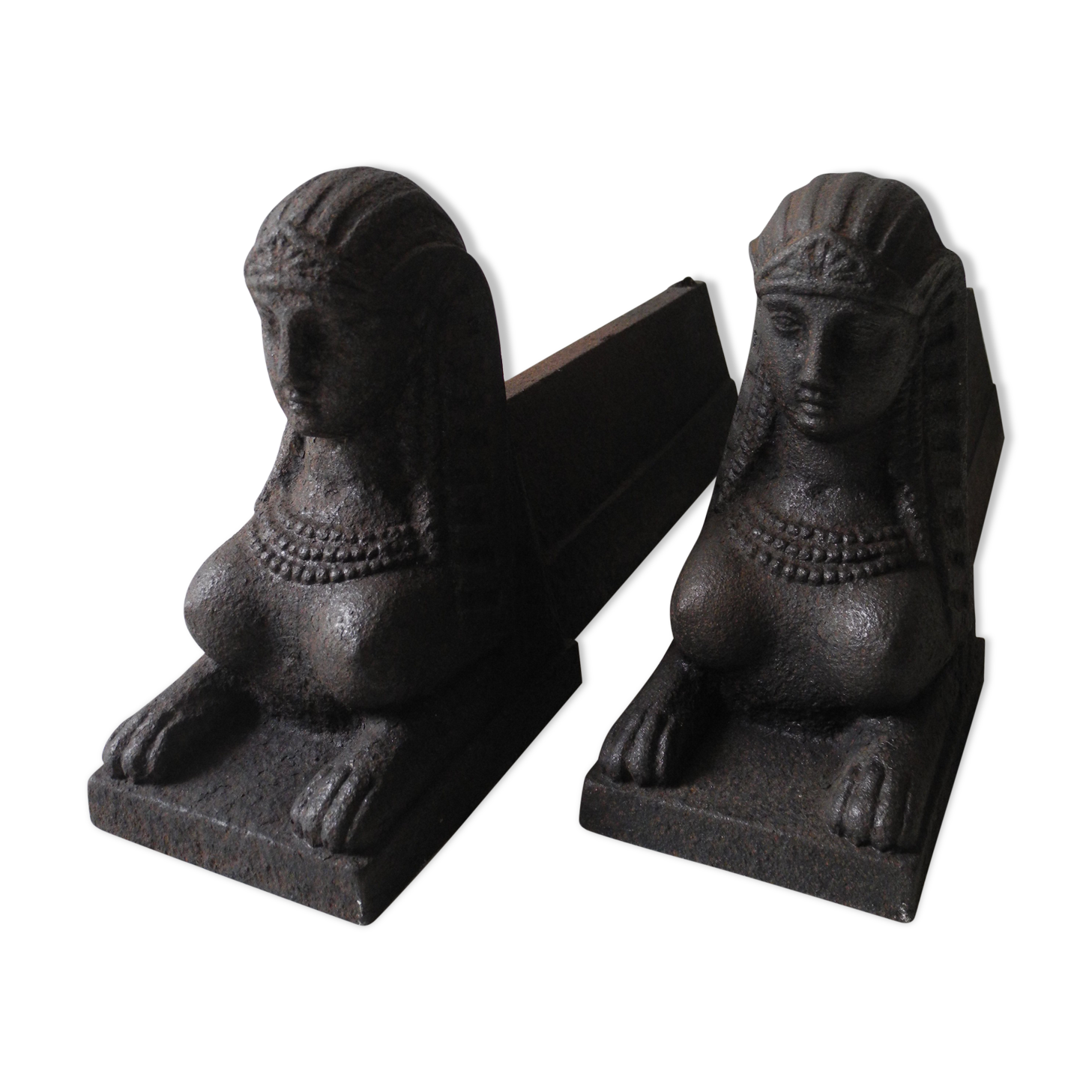 Pair of old chenets sphinx cast iron deco back from egypt