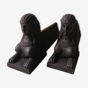 Paire chenets anciens fonte sphinx andirons déco retour egypte