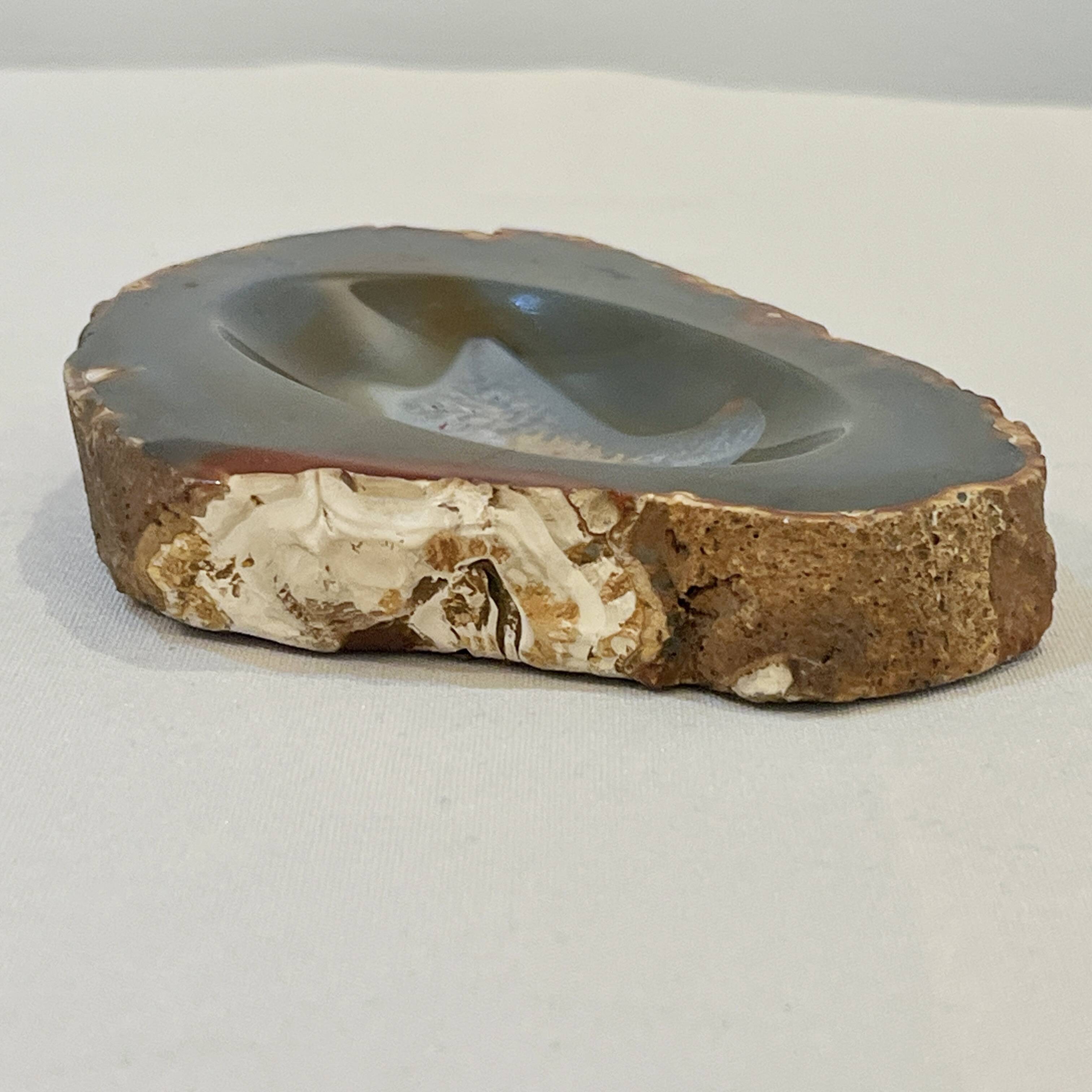 Vintage blue ochre agate slice tray, agate ashtray, 1960s