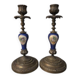 Pair of antique candlesticks in brass, bronze, and Sèvres porcelain – Floral decoration –