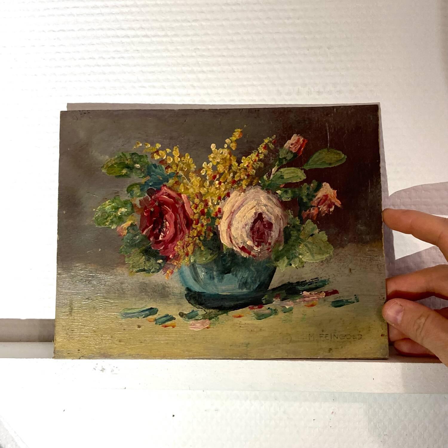 Petite huile sur panneau XXème, Chrysanthèmes