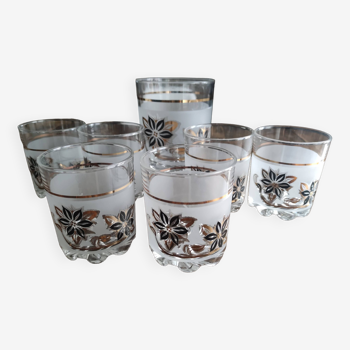 Service à whisky vintage italien 7 pces en verre givré décor floral noir et or