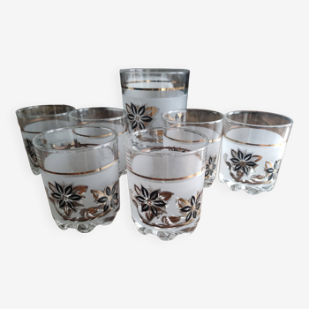 Vintage Italian whiskey service 7 pieces in frosted glass, black and gold floral decoration
