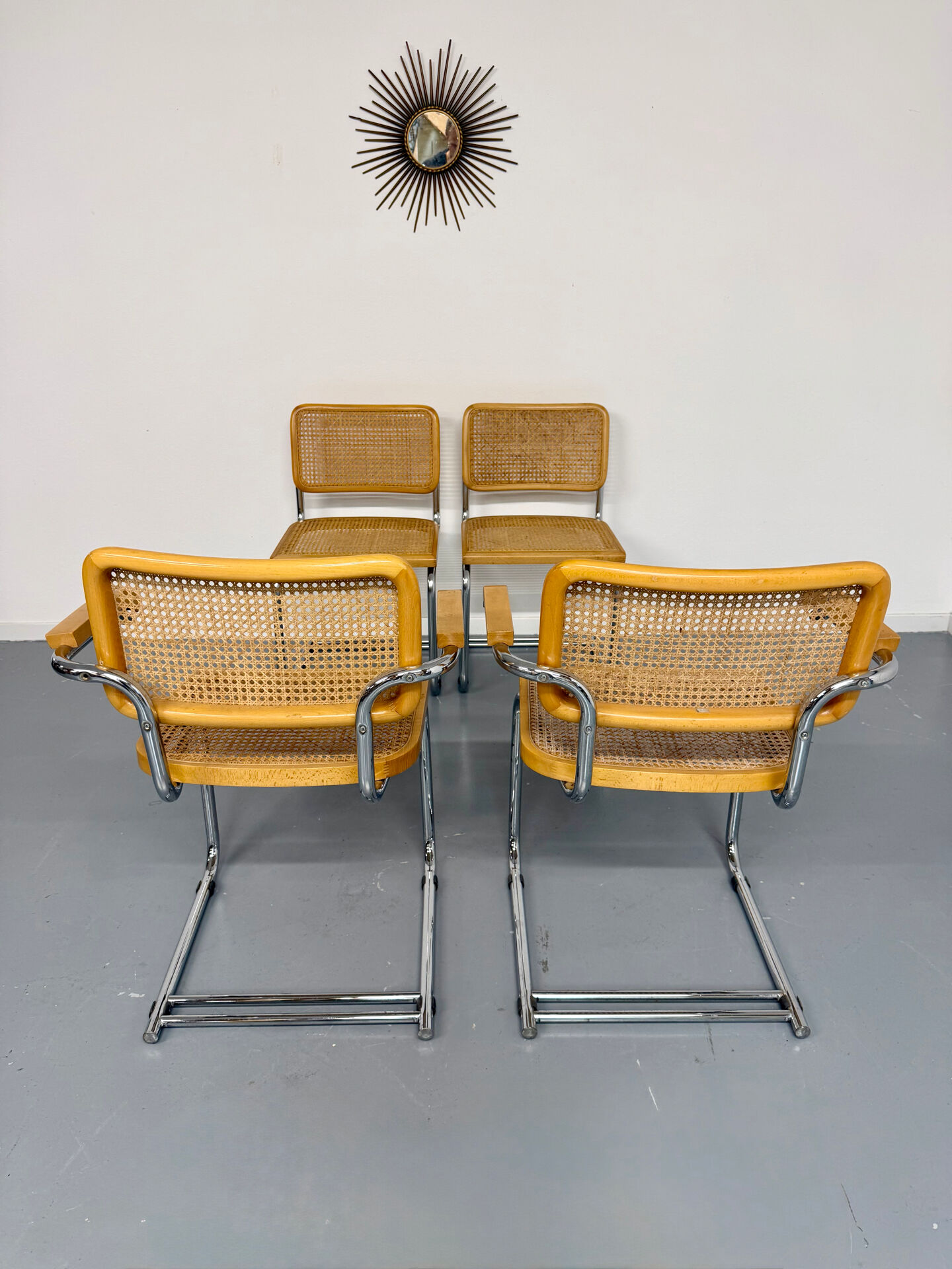 Set of 4 cane cantilever chairs and armchairs, Cesca, 1970s.