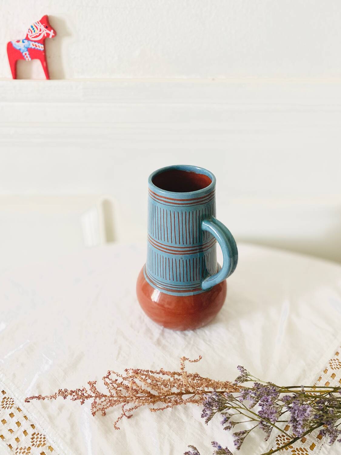 Vintage vase with handle Scandinavian ceramic Nittsjo Sweden