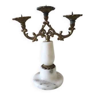 Vintage 1960s Gold Metal and Marble Candlestick