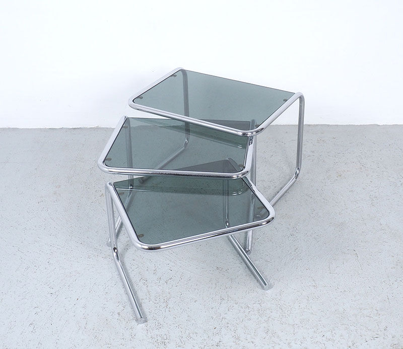 Vintage chromed nesting tables with smoked glass