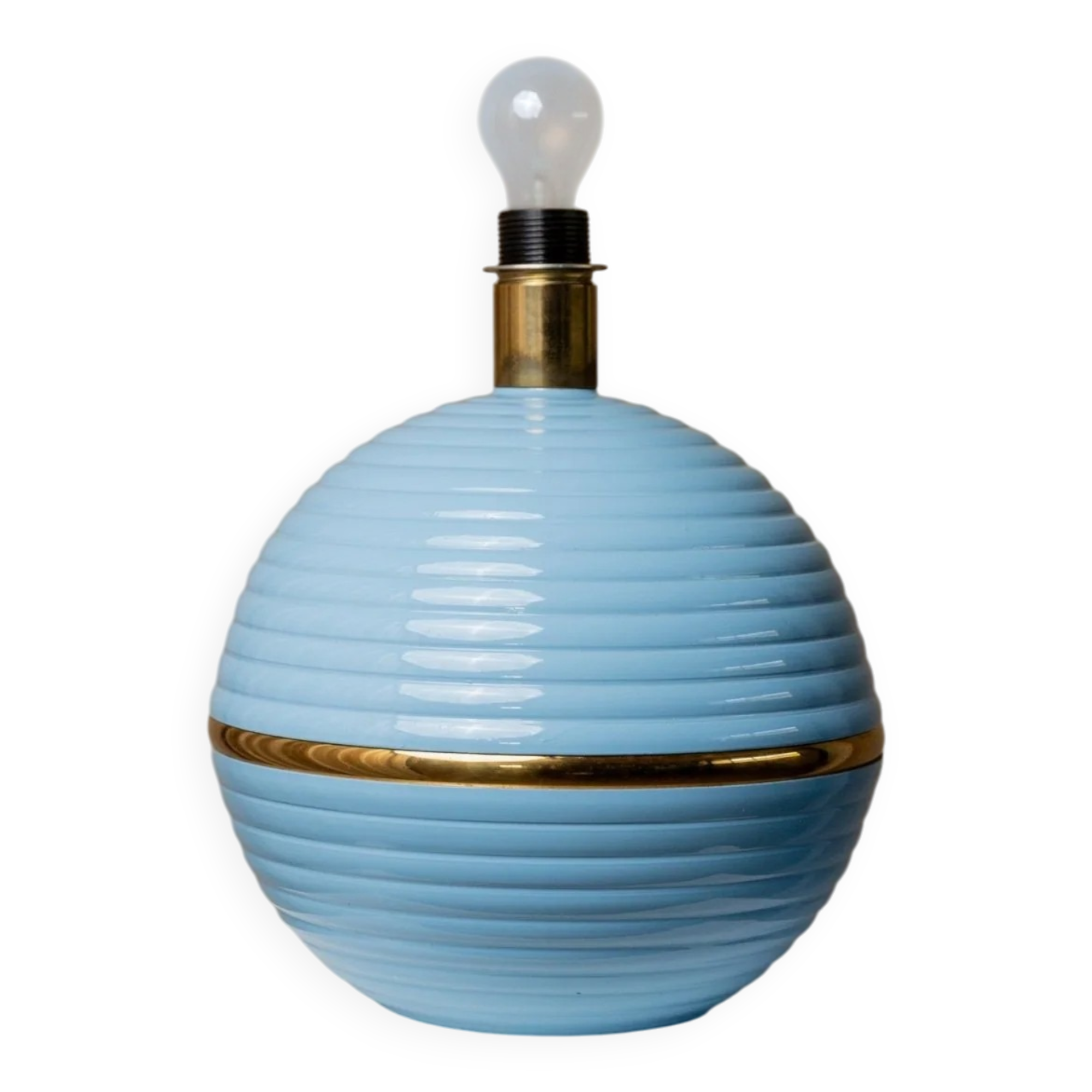 XXL light blue ceramic table lamp with gold band, Italy 1980s, Hollywood Regency