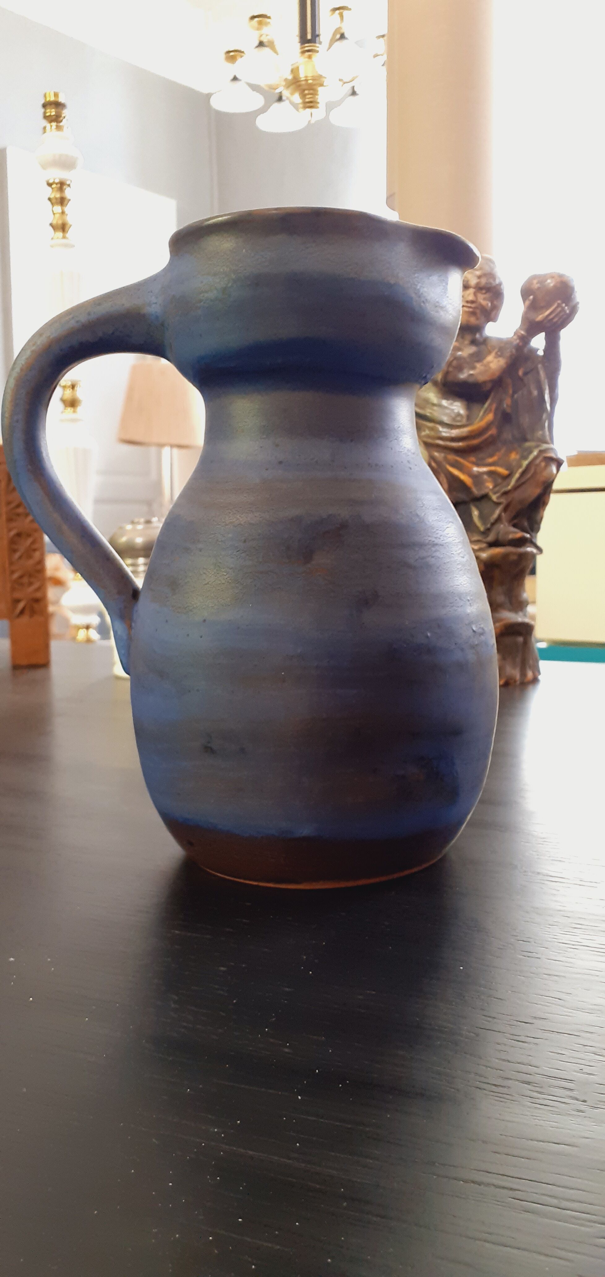 Enamelled terracotta pitcher year 50 signed Ludovic