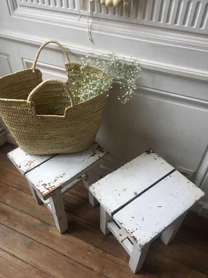 Stools, patinated wooden bedside tables