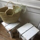 Stools, patinated wooden bedside tables