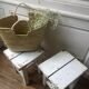 Stools, patinated wooden bedside tables