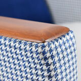 Mid- century modern armchair, 1970s, restored, blue and white velvet, pied de poule fabric