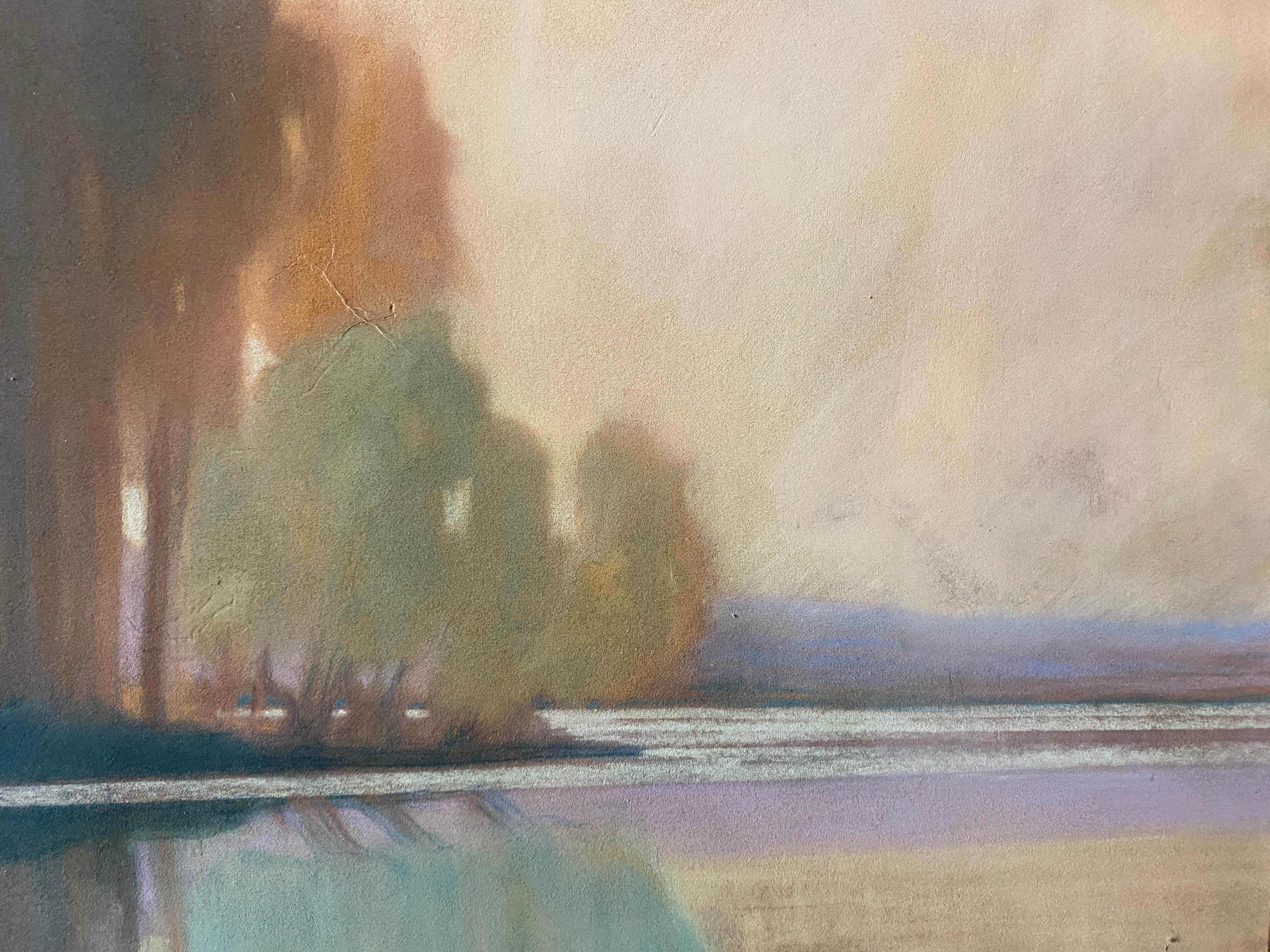 ableau Grand pastel 1922 signed Landscape of pond signed