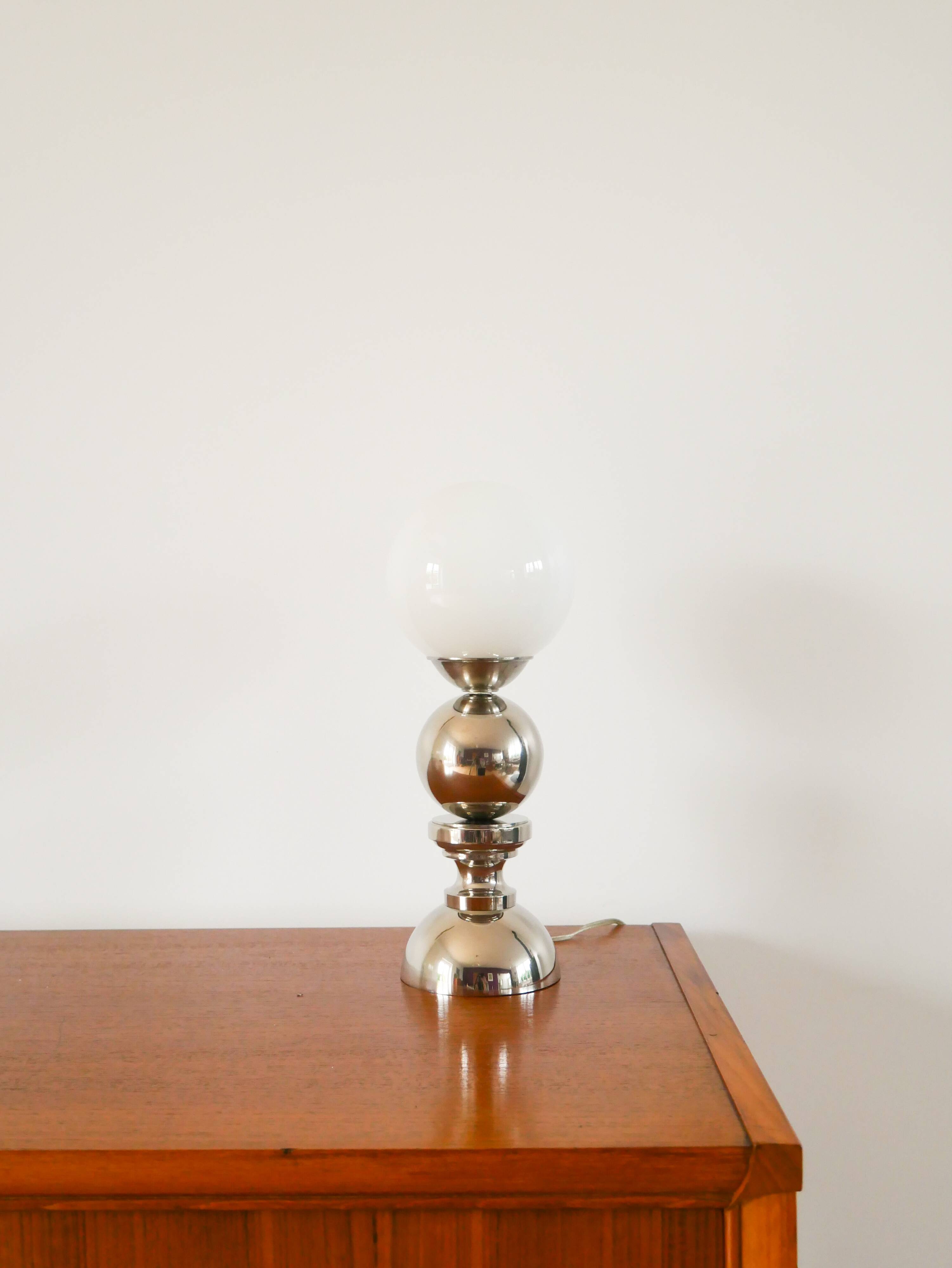 Chromed metal lamp and opaline globe, Space Age Design, 1970
