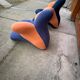 Pair of Lily chairs from the 1990s in blue and coral velvet, postmodern sculptural silhouette.