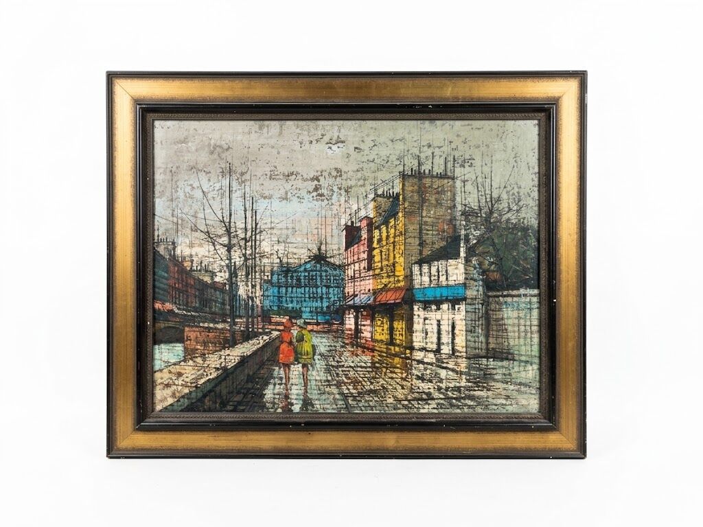 Grand tableau scene de rue urbaine esprit Bernard Buffet années 60