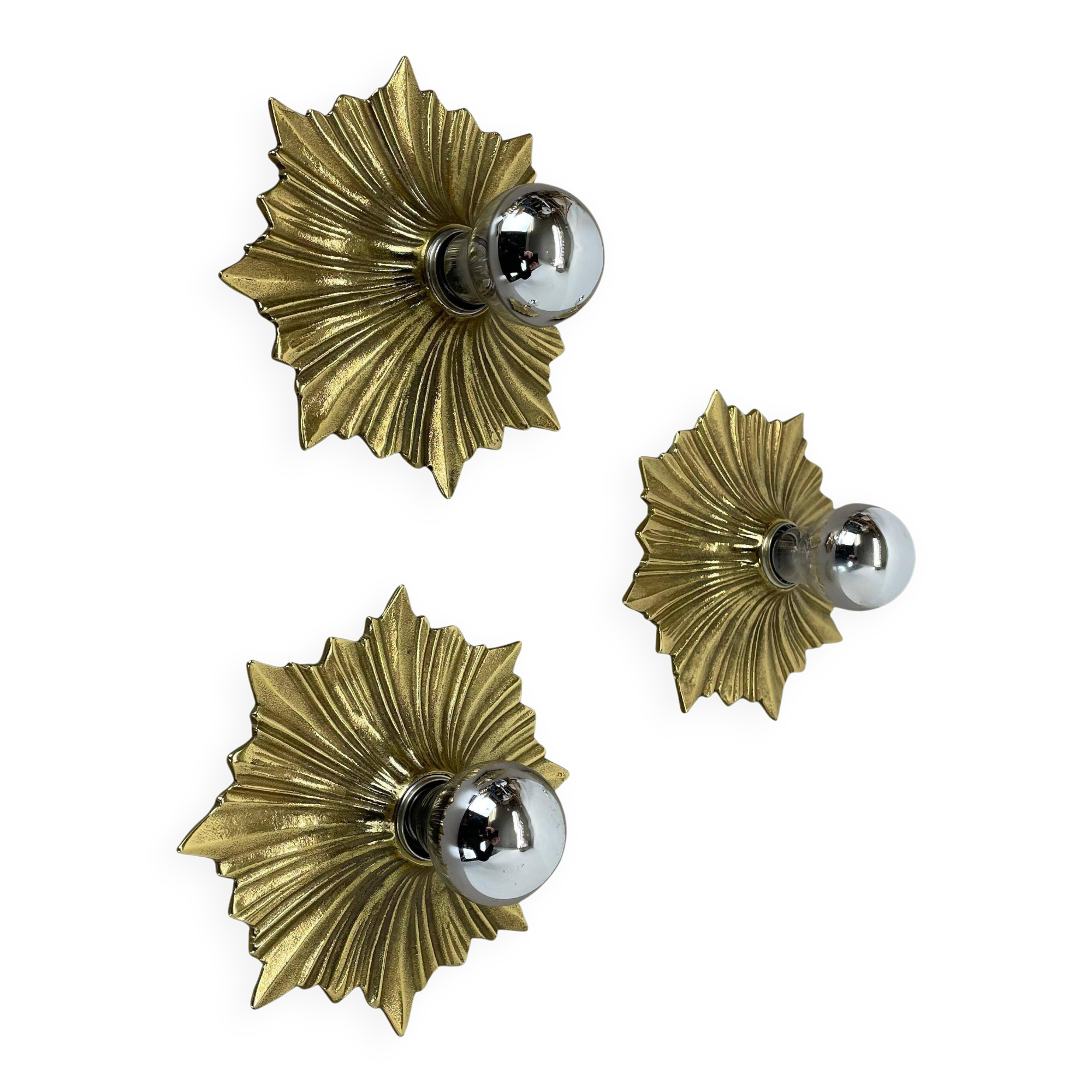 Set of Three Brutalist Bronze Sunburst Wall Lights, Italy 1950s