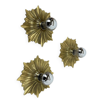 Set of Three Brutalist Bronze Sunburst Wall Lights, Italy 1950s