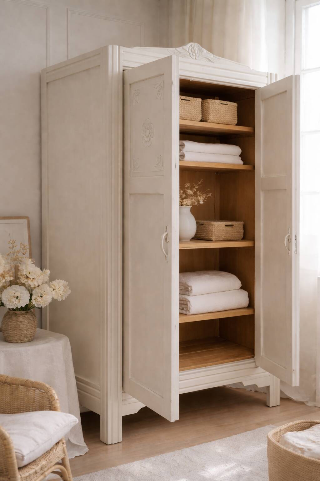 Armoire Art Déco réenchantée en beige.