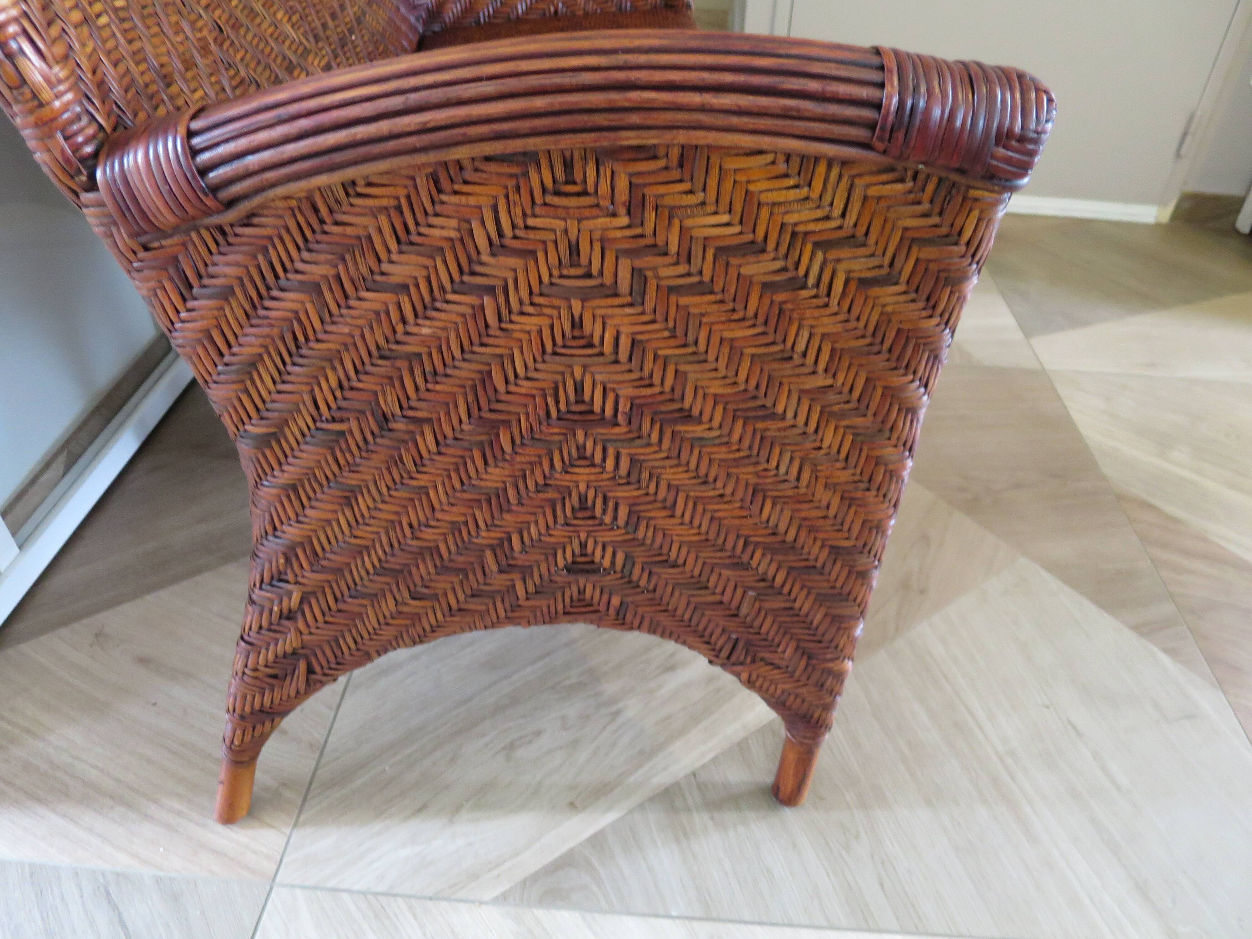 Two-seater banquette in woven rattan, wood and bamboo, 1980s.