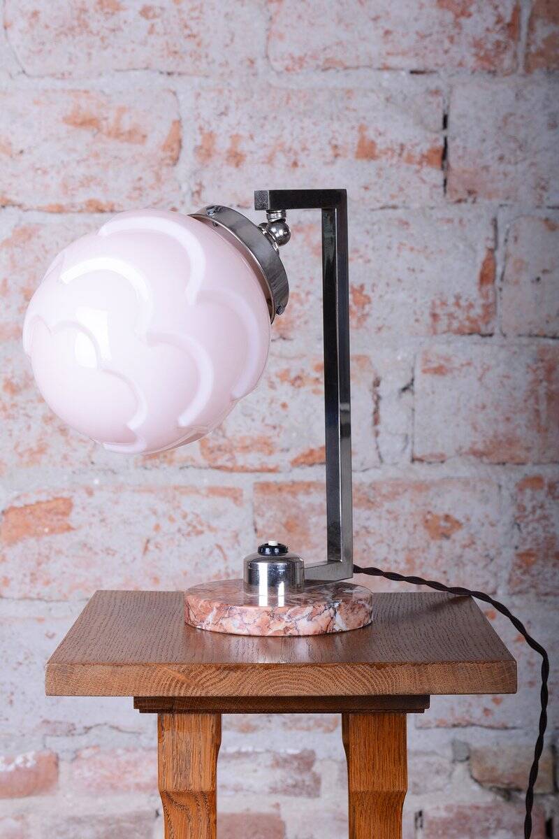 Bauhaus Table Lamp in Marble, Opaline Glass, and Chrome, France, 1920s