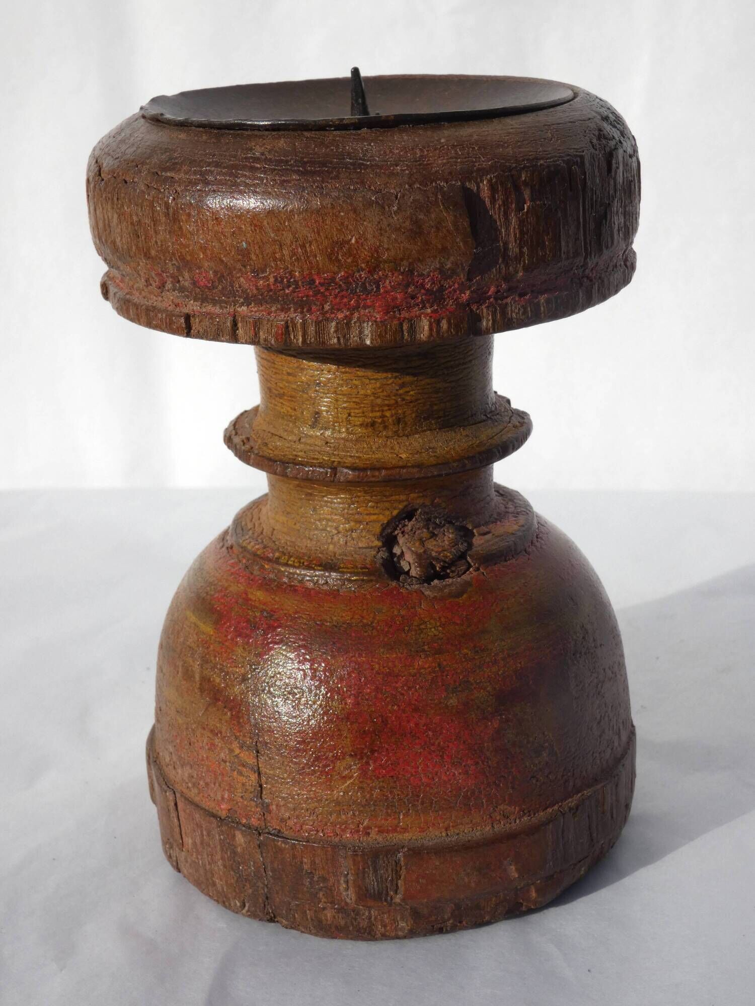 Candle holder round wood old teak patina of origin India