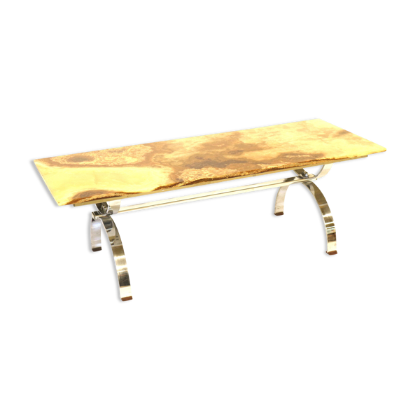 Table basse vintage en onyx avec piètement chromé fabriquée dans les années 1970