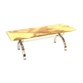 Table basse vintage en onyx avec piètement chromé fabriquée dans les années 1970
