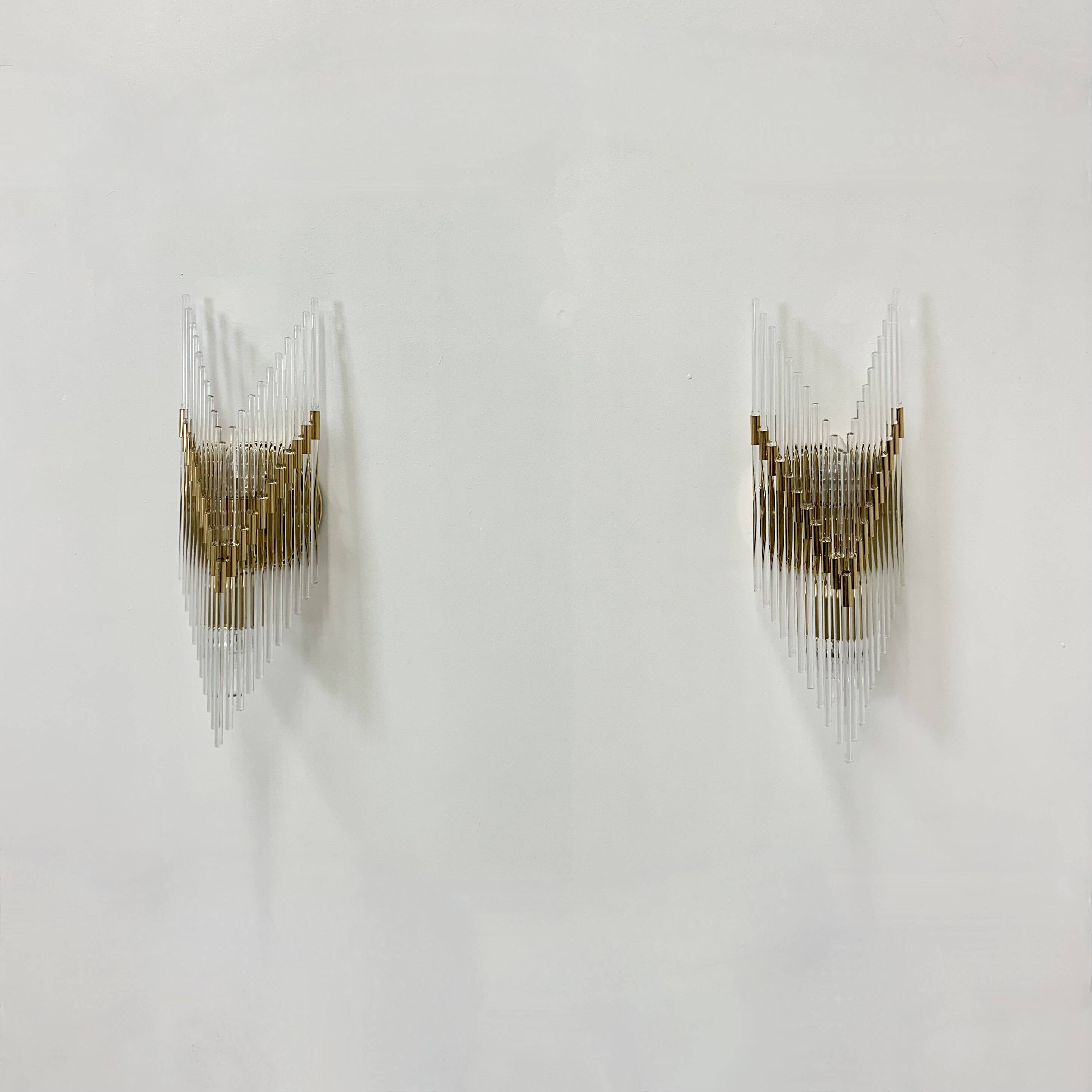 Set of 2 crystal glass rods wall lamps , 1970s