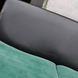 Mid-Century Danish Set 1960s — 3-seater sofa, 2 armchairs and ottoman, turquoise fabric and wood, black backs.