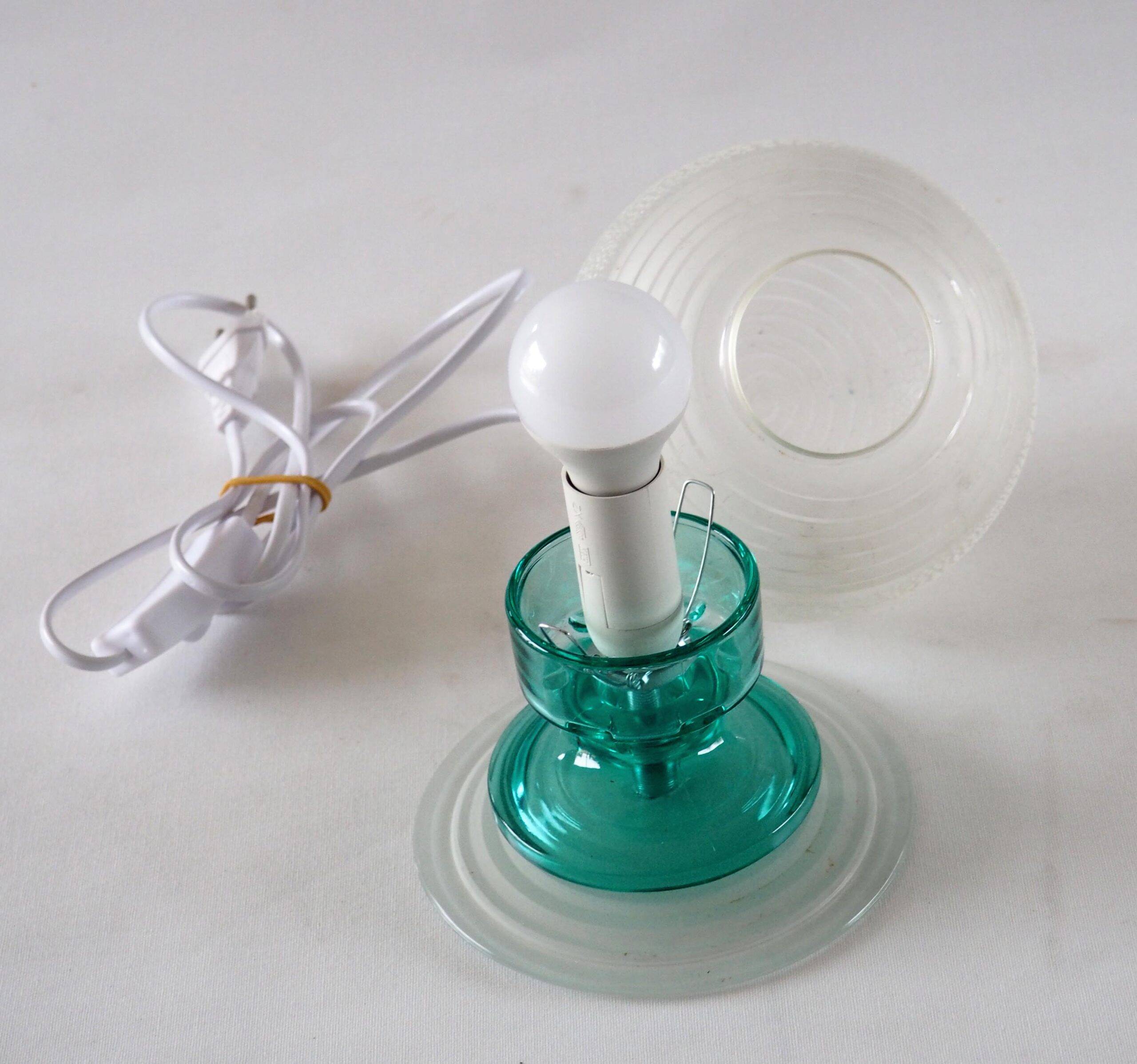 Frosted globe lamp and turquoise glass