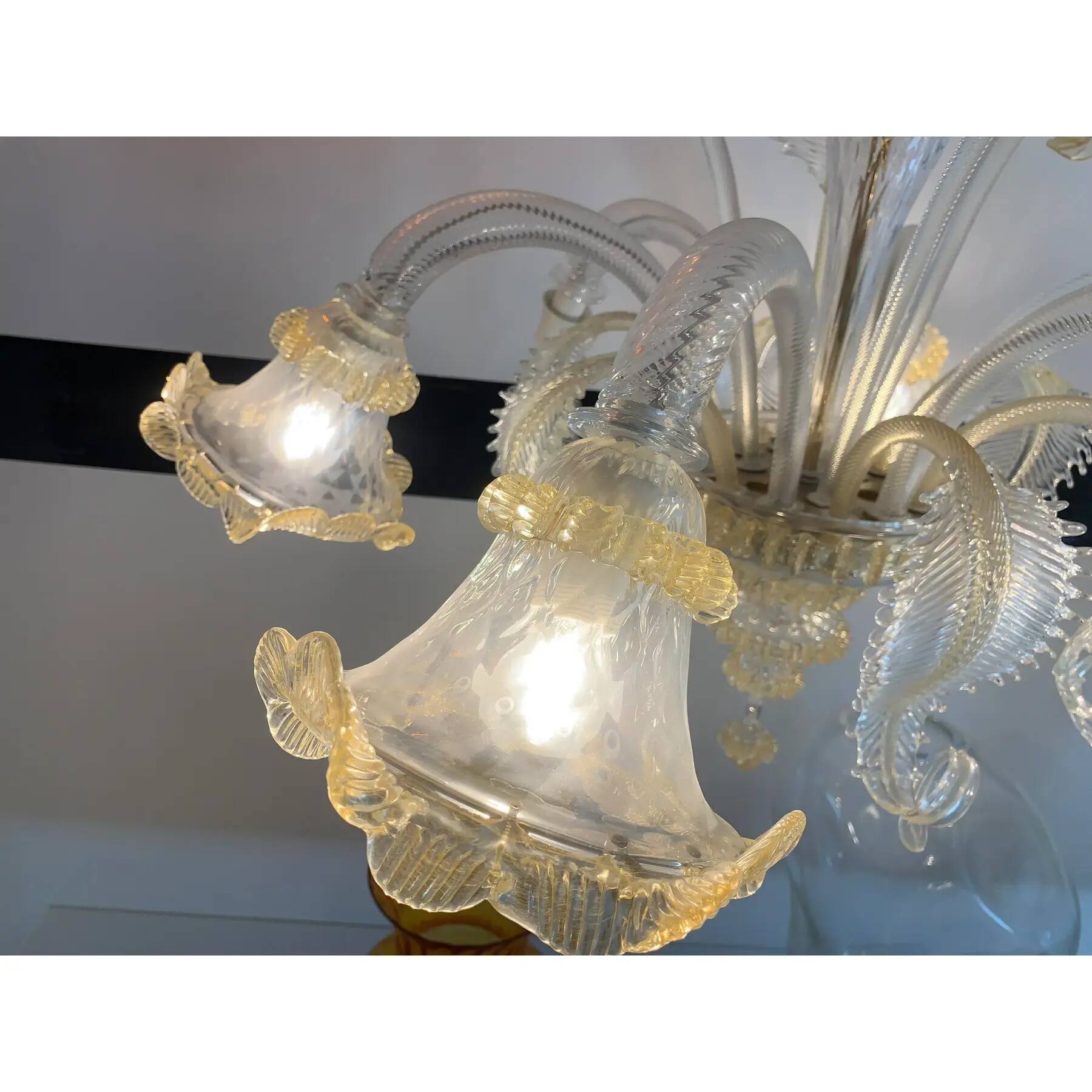 Venetian Murano-Style Glass Chandelier in Transparent and Gold with Flowers