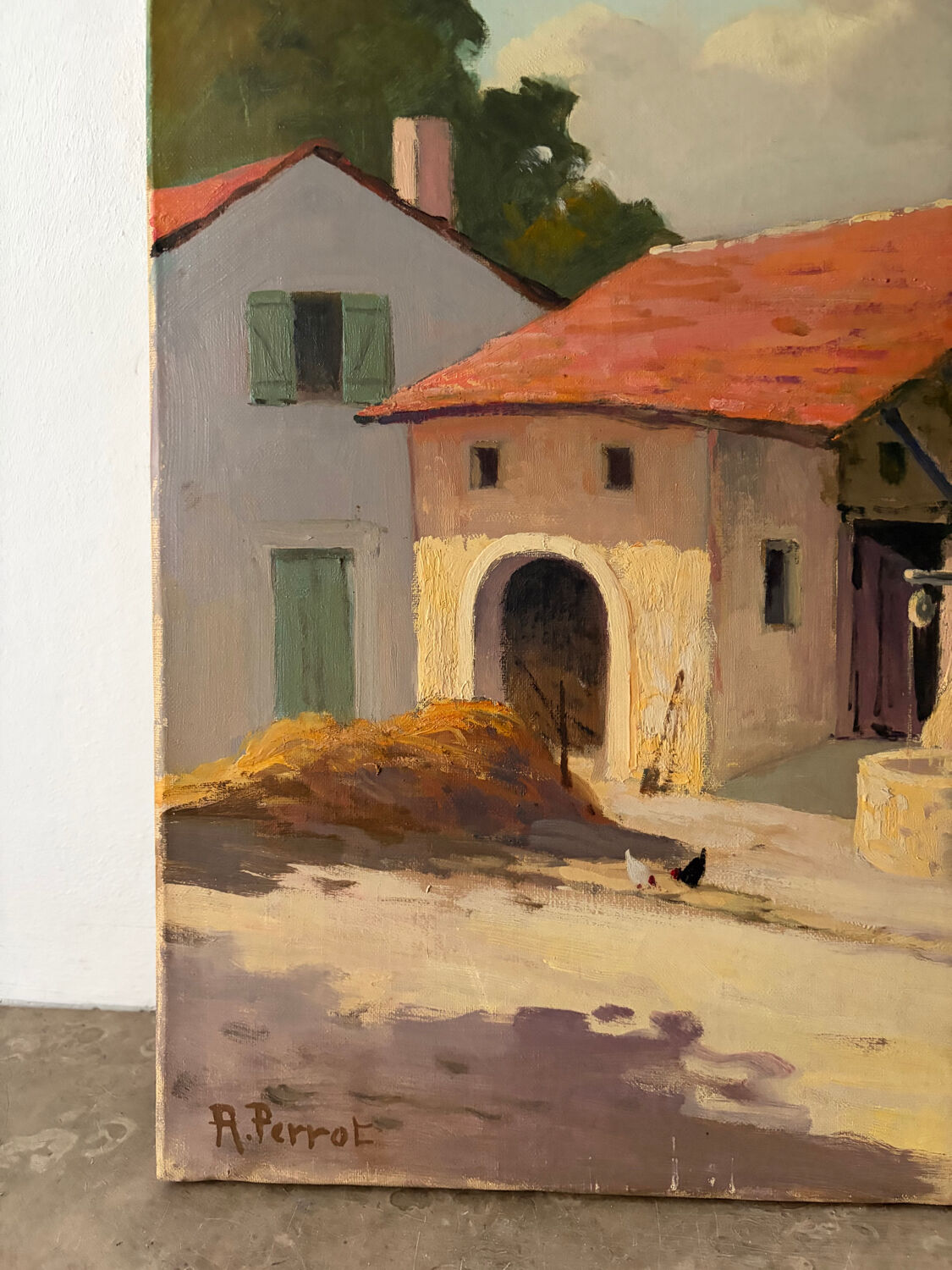 Country house with chickens, oil on canvas signed Perrot.