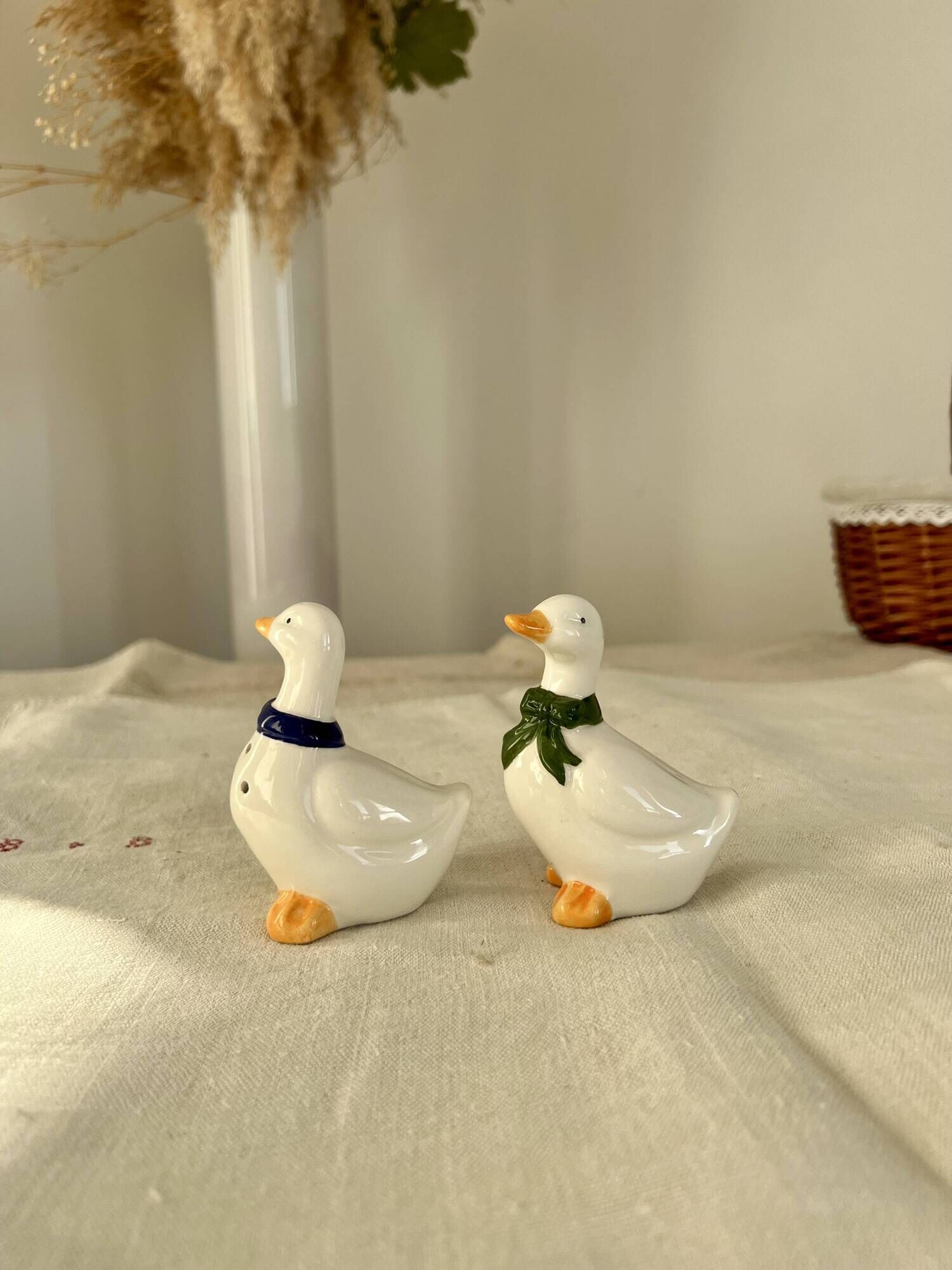 Vintage porcelain salt and pepper shaker in the shape of cottage core geese
