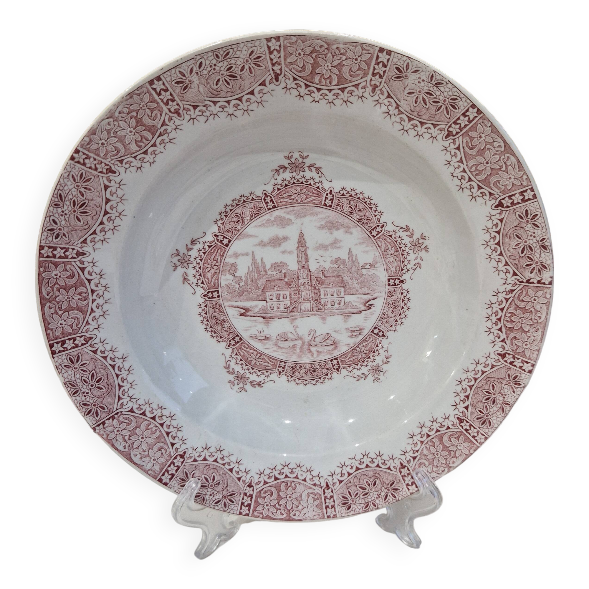 Large deep iron earth plate or small old round hollow dish Moulin des loups Dentelle model