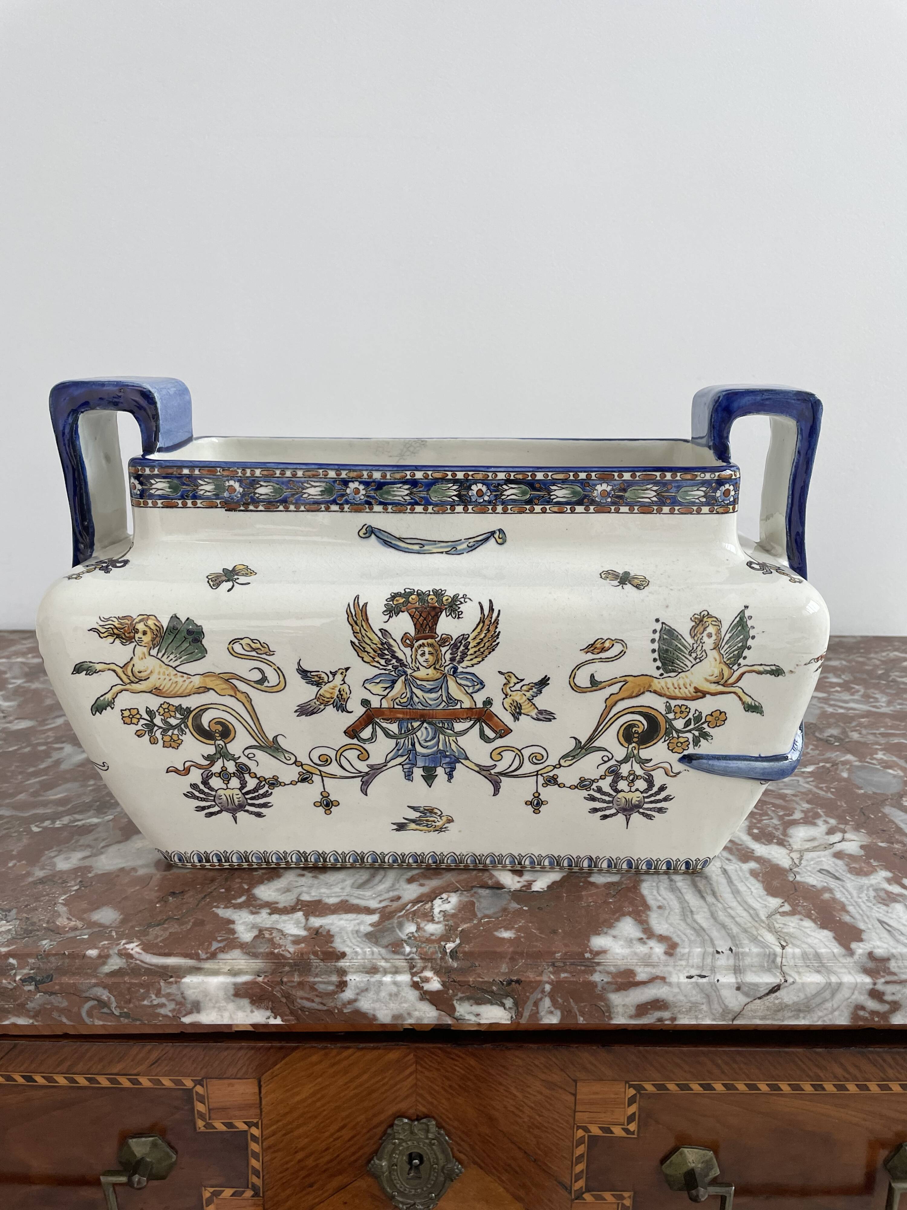 Planter, cache pot, Gien earthenware, rich decoration, Italian Renaissance, winged angel, antique decoration